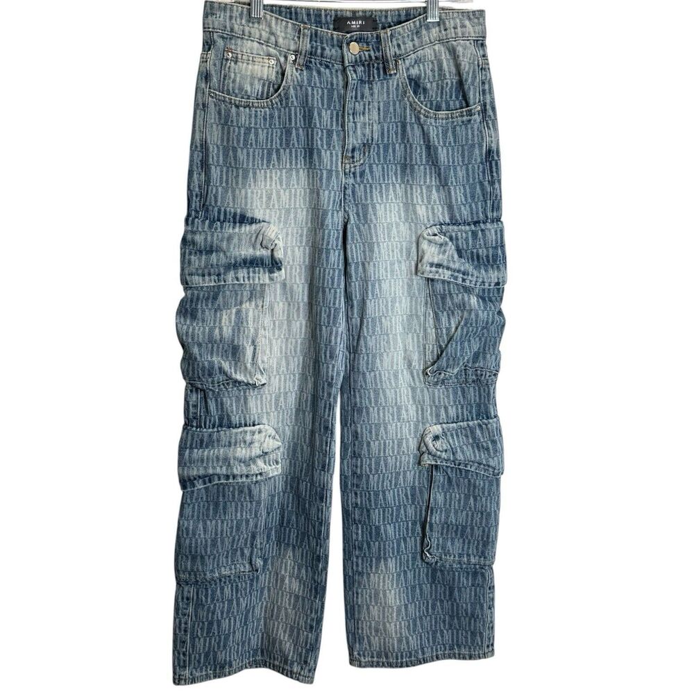 AMIRI Sz 30 Blue Utility Denim Cargo Pants Distressed AOP Logo Made in USA HTF